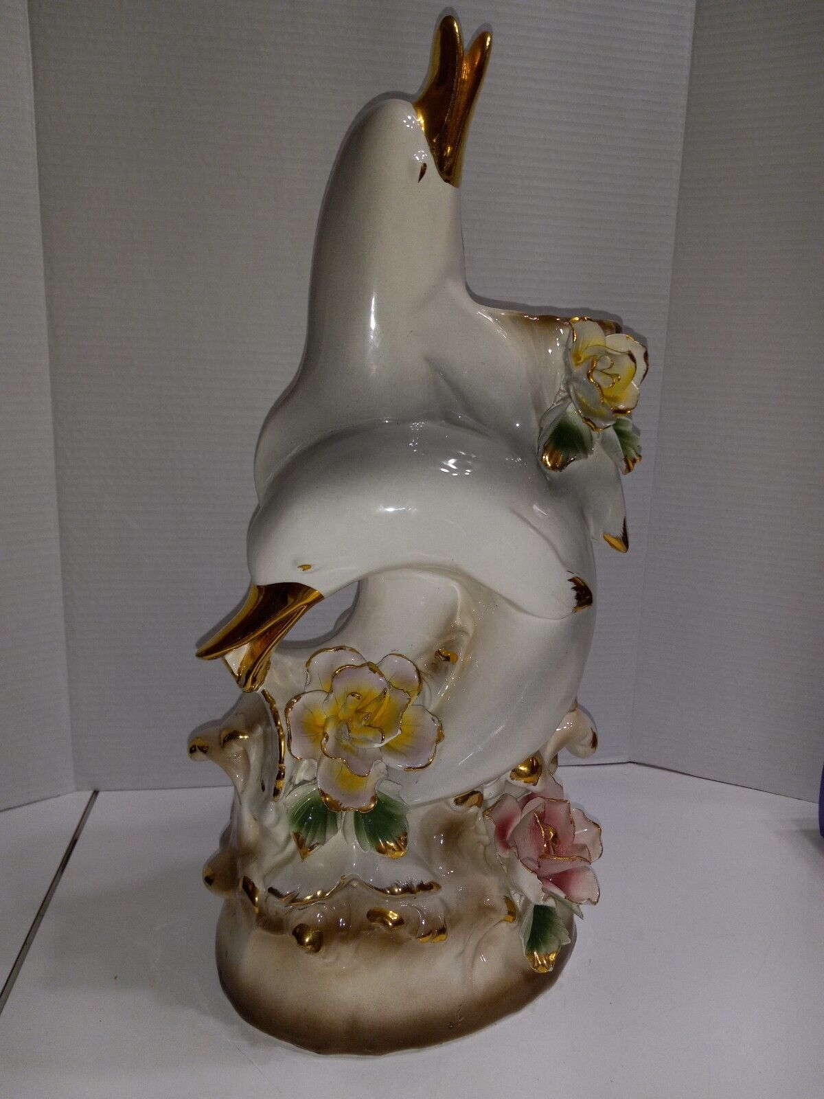 Vintage ITALIAN CAPODIMONTE Pair Of Dolphins Accented With 24kt Gold Centerpiece