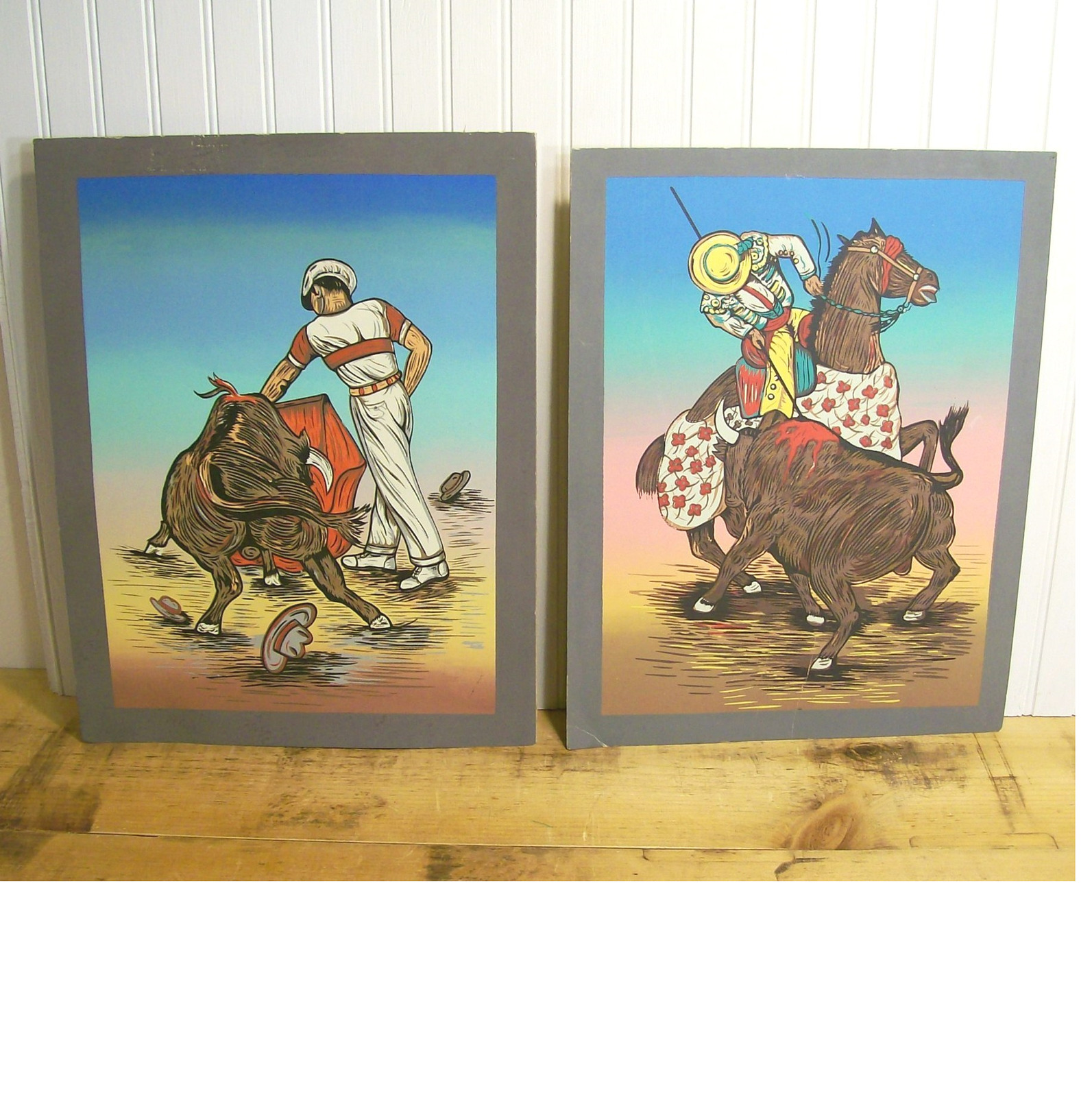 Vintage Bullfighting Paintings Spanish Mexican Folk Art Unframed