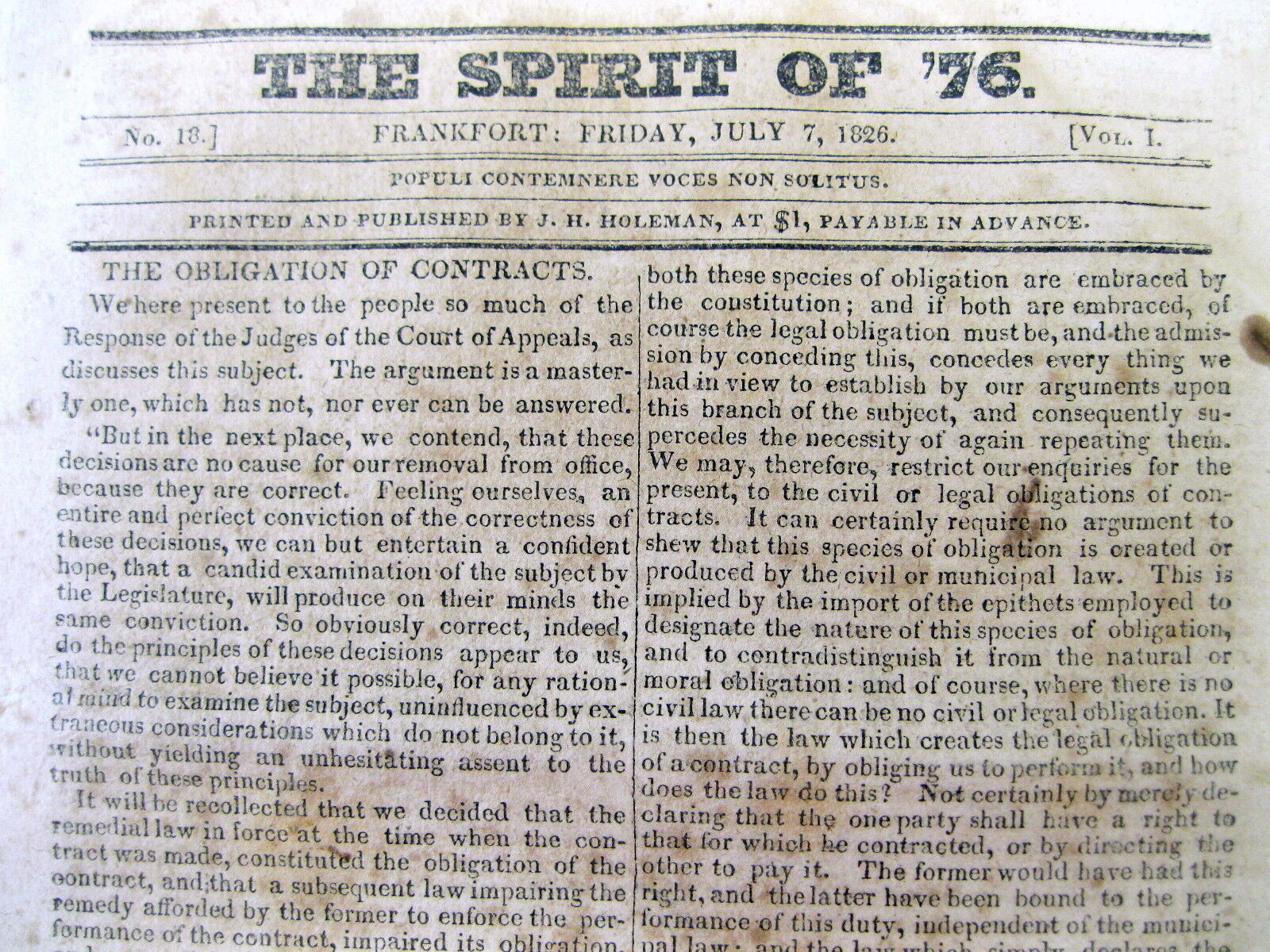 Rare original 1826 FRANKFORT Kentucky newspaper Volume I issue -Near 200 yrs old