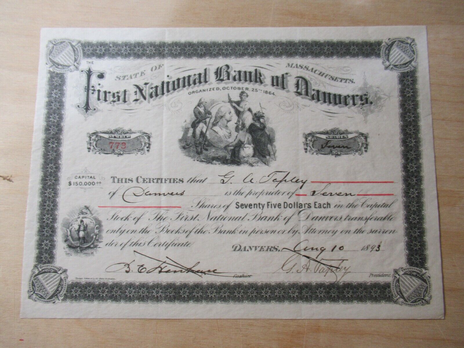 1893 First National Bank of Danvers MA Stock Certificate, Signed by G.A. Tapley