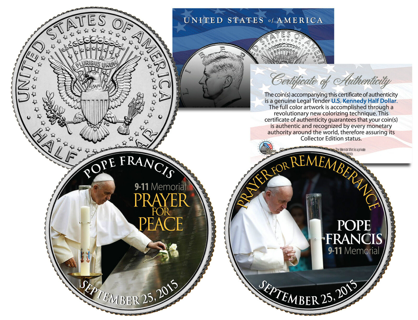POPE FRANCIS Visits 9/11 Memorial REMEMBRANCE PRAYER JFK Half Dollar 2-Coin Set