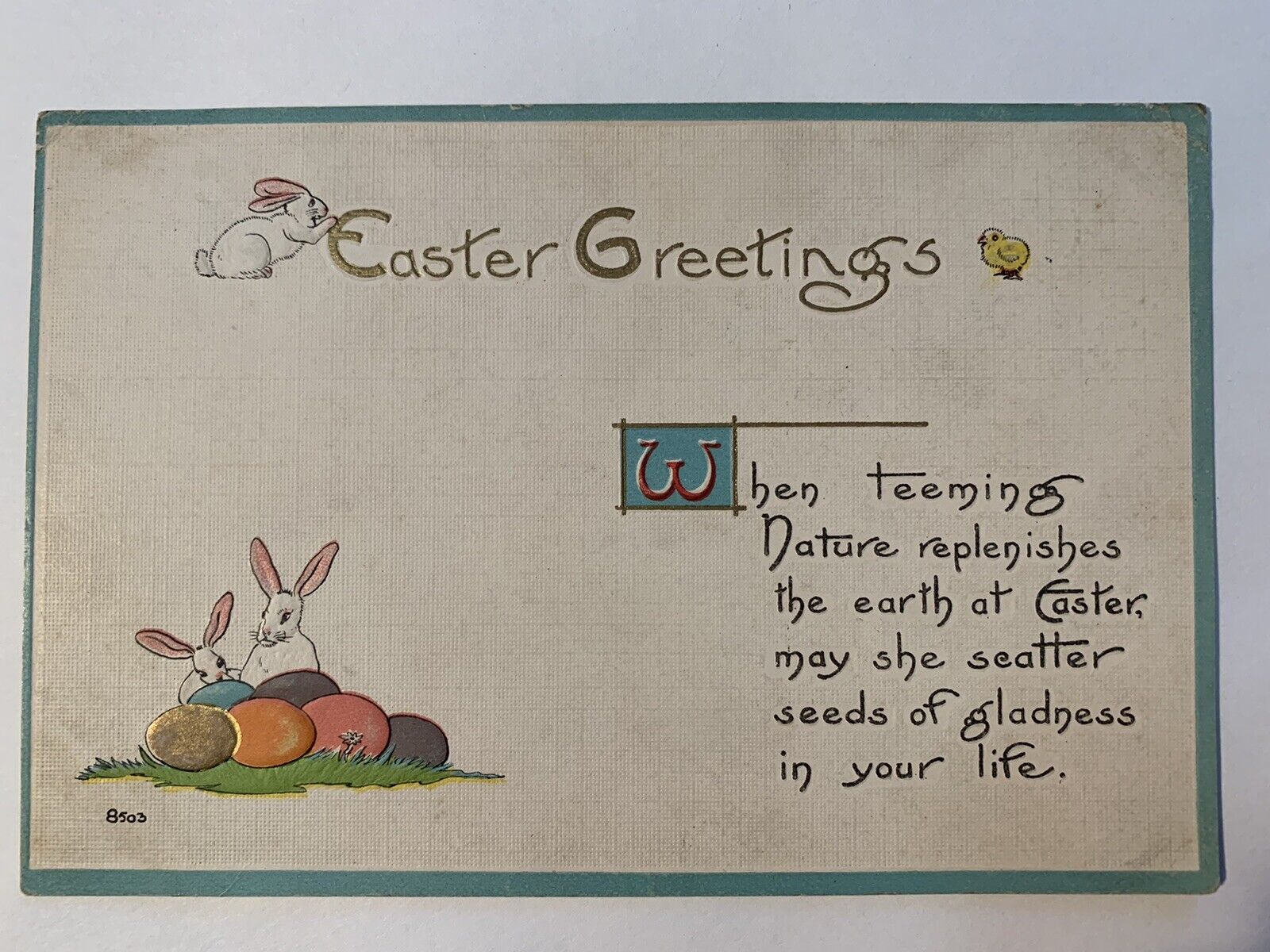Antique 1913 Bergman Embossed Easter Postcard Bunny Chick Eggs 