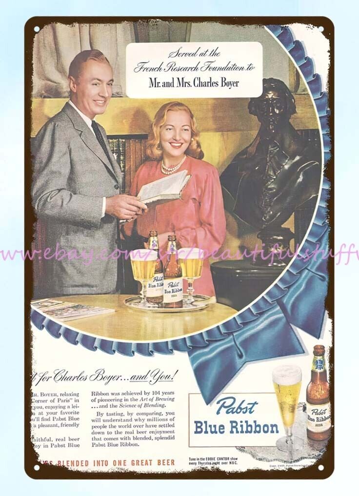 1948 Pabst Blue Ribbon Beer featuring Mr. Mrs. Charles Boyer metal tin sign