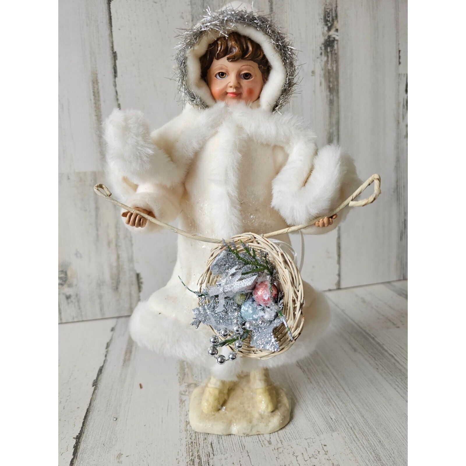 Kd vintage Christmas basket girl fur tinsel decor unique shabby chic centerpiece