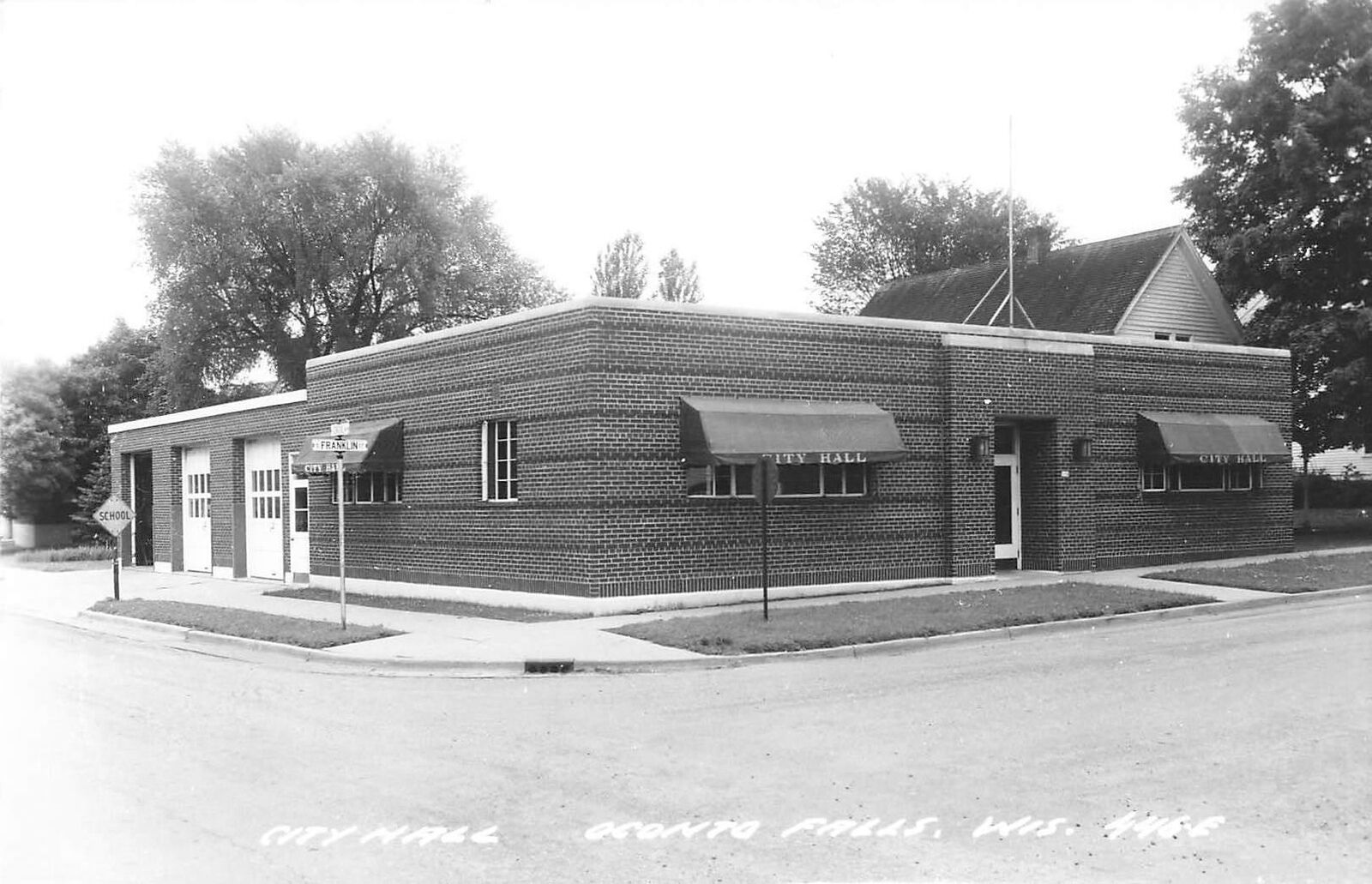 RPPC Corner View City Hall, Oconto Falls, Wisconsin, Real Photo Postcard Kodak