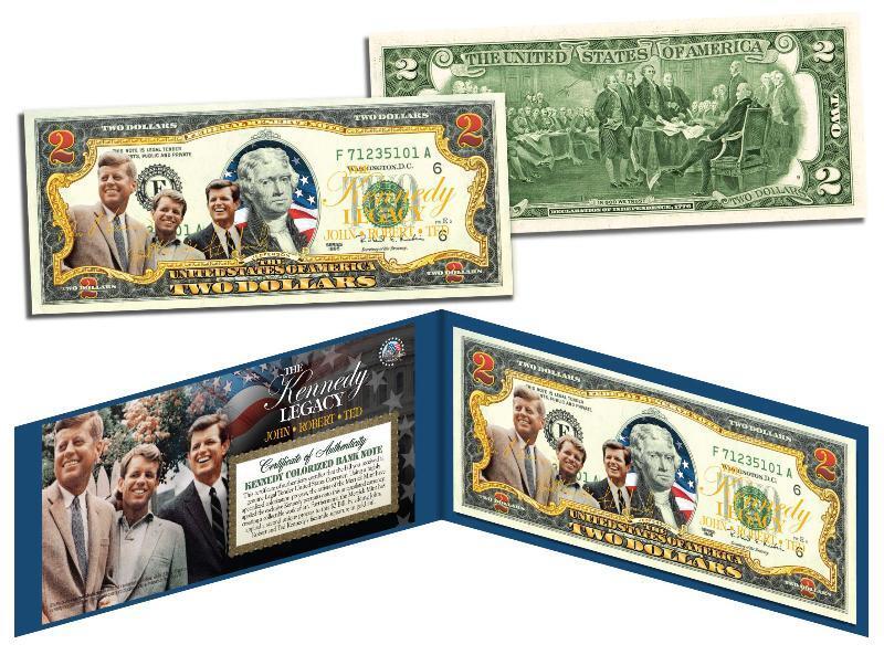 THE KENNEDY FAMILY BROTHERS (JFK/RFK/TED) Colorized U.S. $2 BILL John Robert Ted