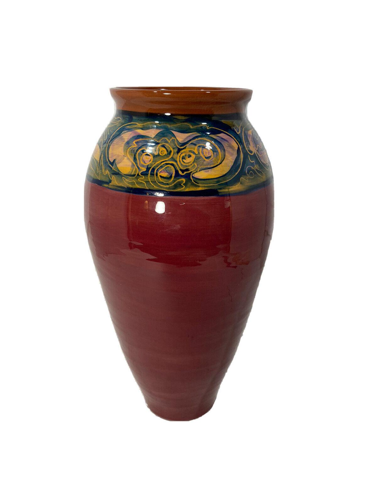 Vintage Artisan Made 12” Vase-Oxblood Red with Marbled Accents-Signed HWP