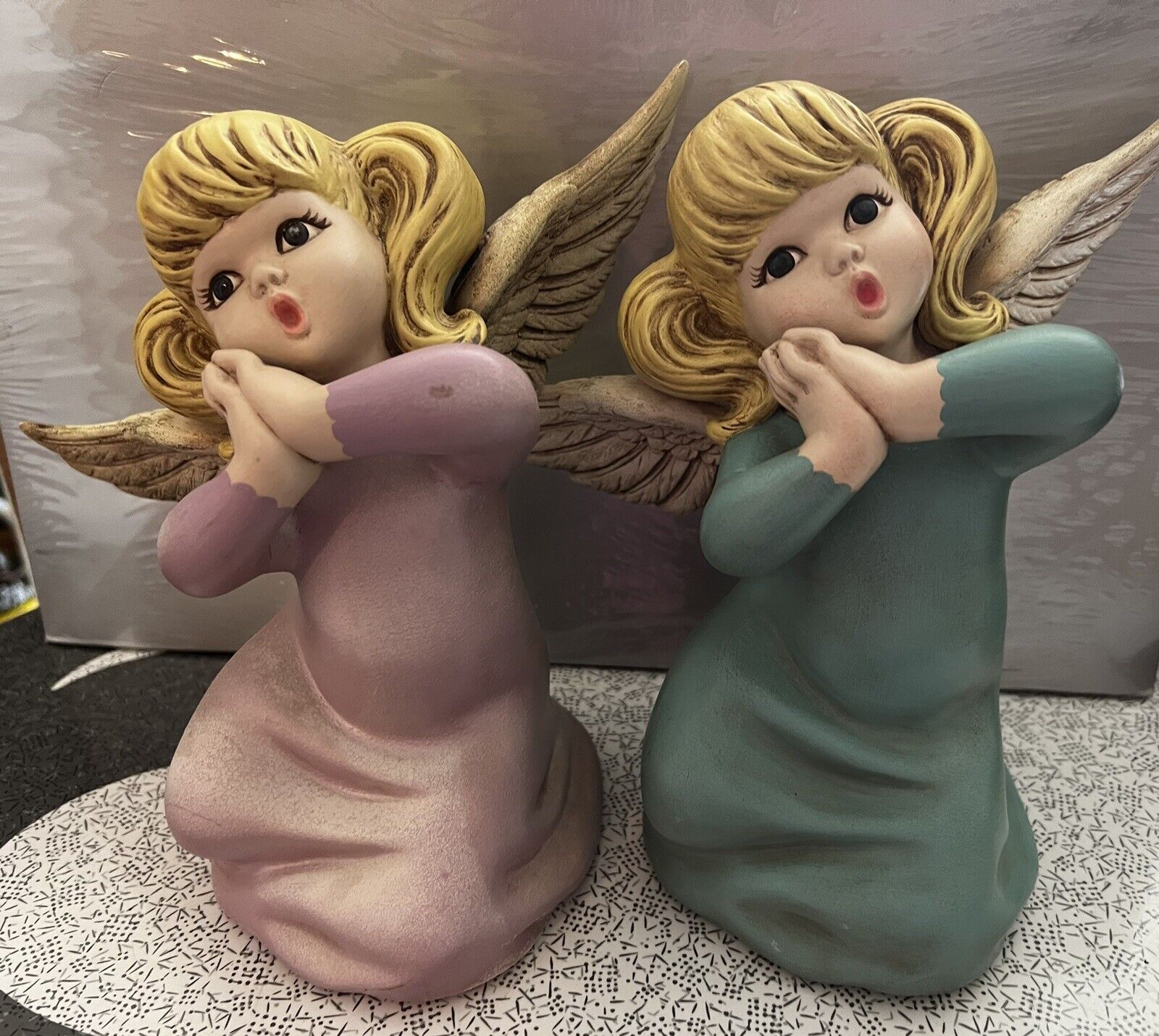 Vintage Pair Of Atlantic Mold Ceramic Angels Blond Hair