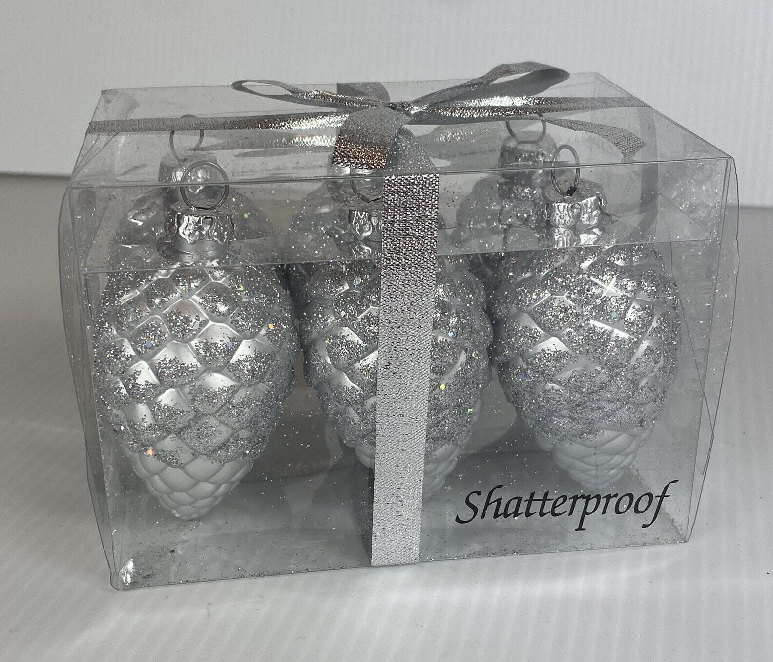Silver Glitter Pinecone Shaped Christmas Ornaments Set Of 6 Shatterproof NIB