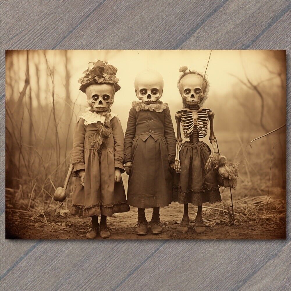 POSTCARD Children Skeleton Sisters Skull Masks Weird Creepy Vibe Strange Unusual