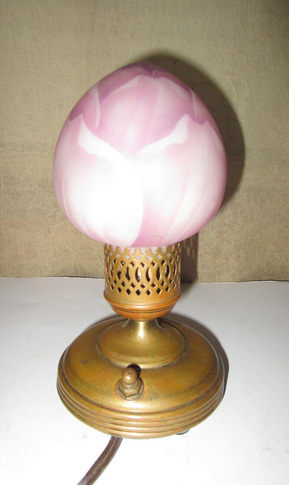 Antique Petite Brass Nightlight Lamp Purple Swirl Glass Shade