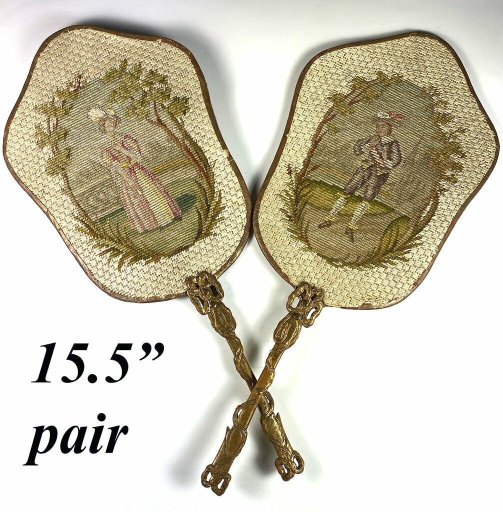 Pair Victorian Napoleon III French Needlework Face Screen Set, Bow Top Handles
