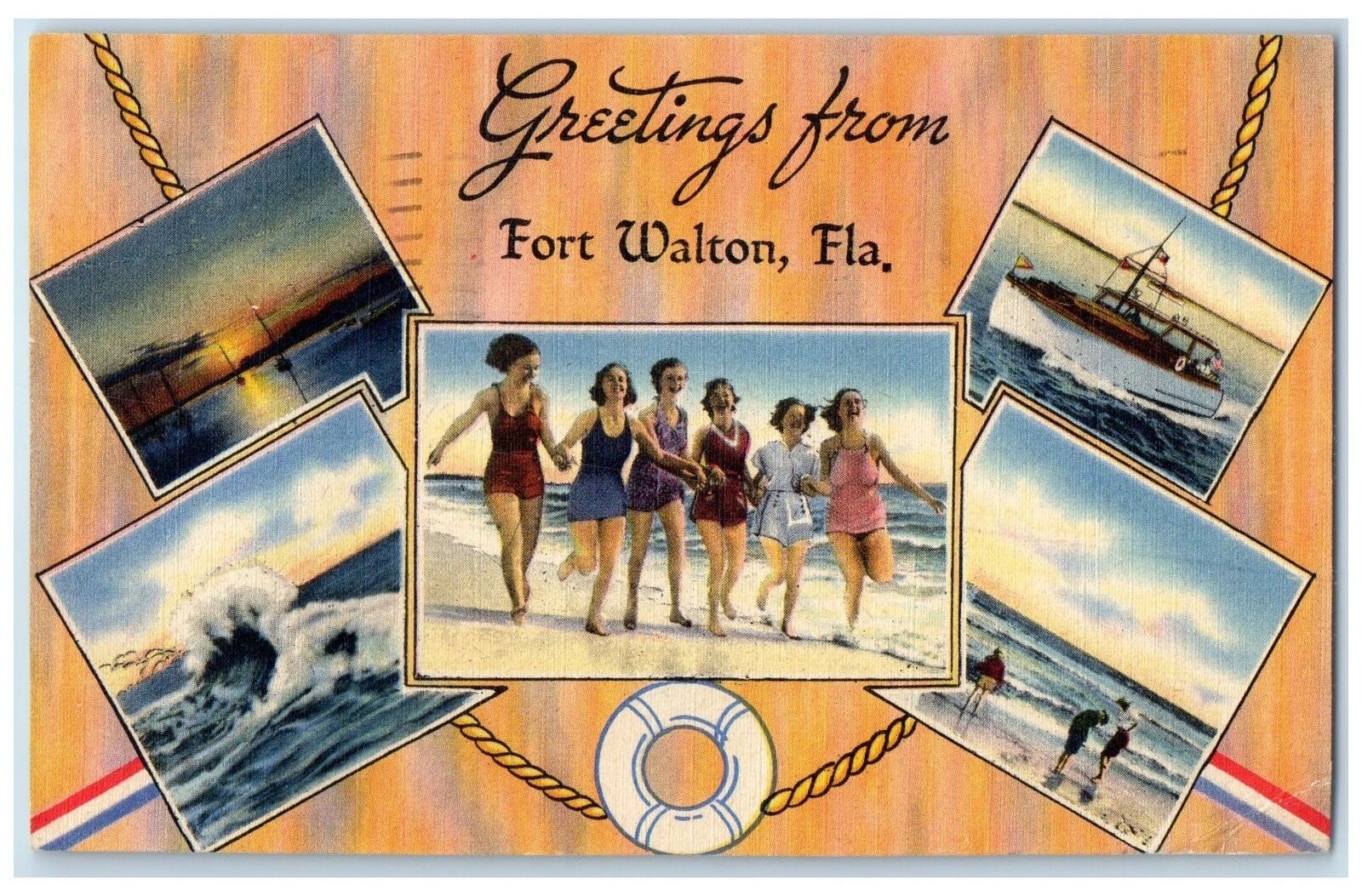 1952 Greetings From Fort Walton Multiview Girls Florida Correspondence Postcard