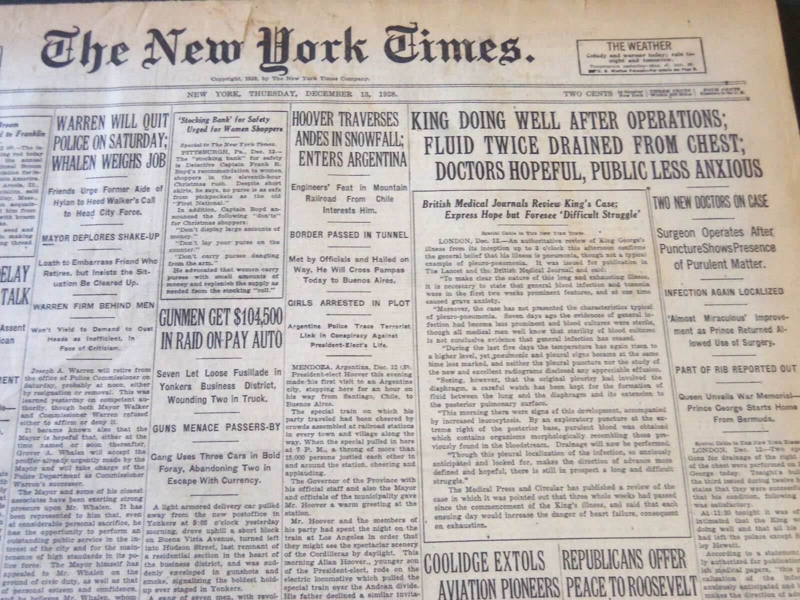 1928 DECEMBER 13 NEW YORK TIMES - KING DOIND WELL AFTER OPERATIONS - NT 6511