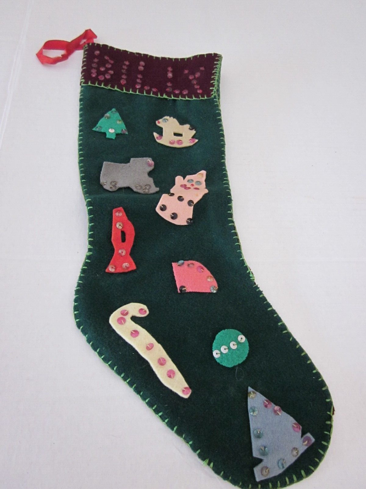 Vintage 1950’s Felt With Sequins 15” GREEN & BURGUNDY Christmas Tree Stocking