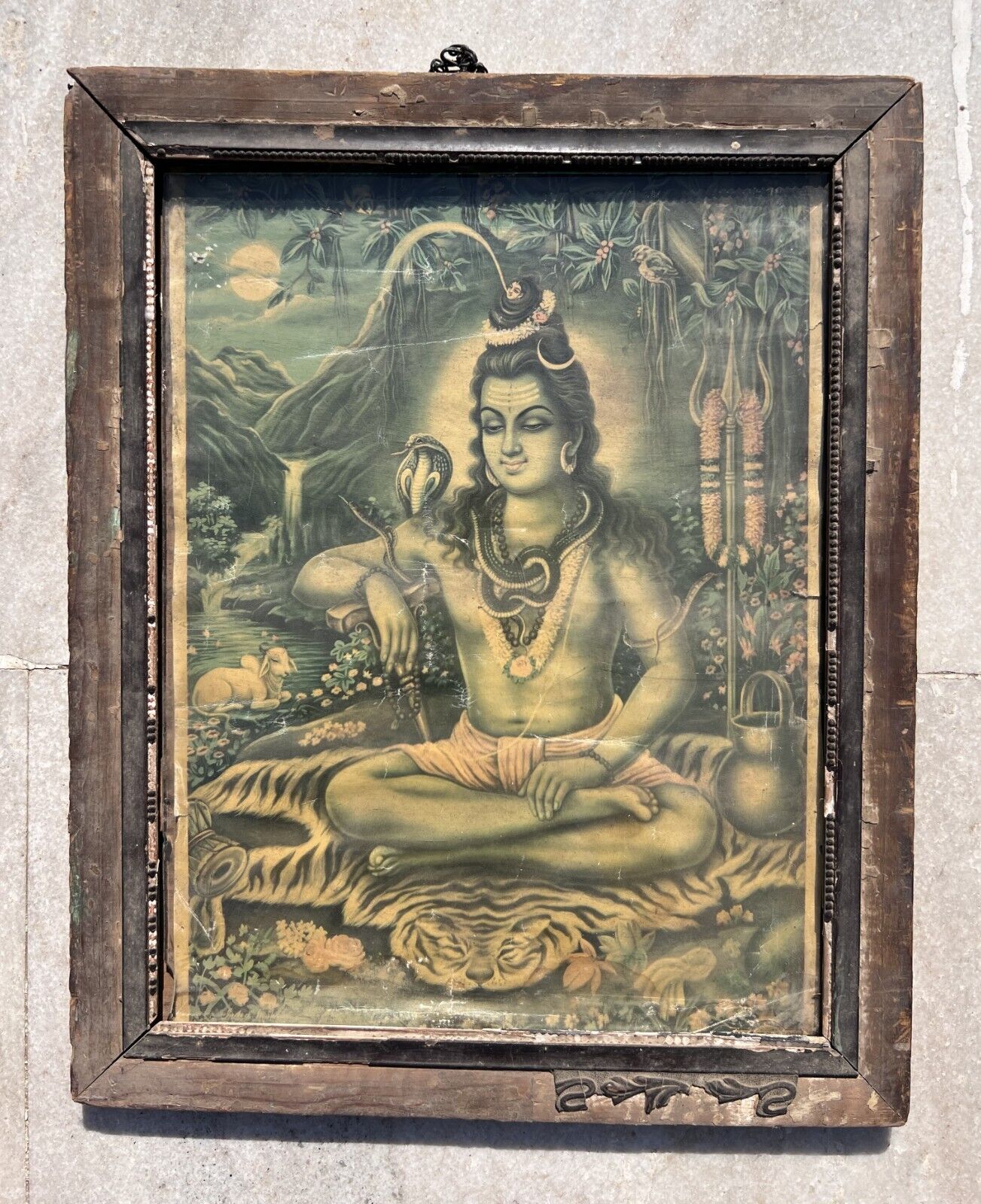 1950's Antique Old Rare Hindu God Shri Shiv Shanker Worship Litho Print Framed