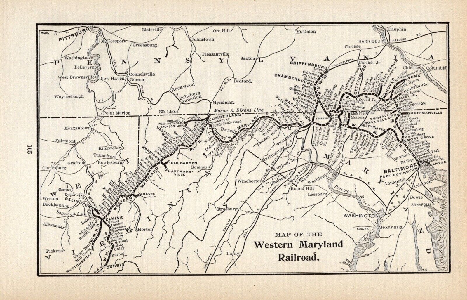 1908 Western Maryland  Railway Vintage Western Maryland Railroad  Map  1623