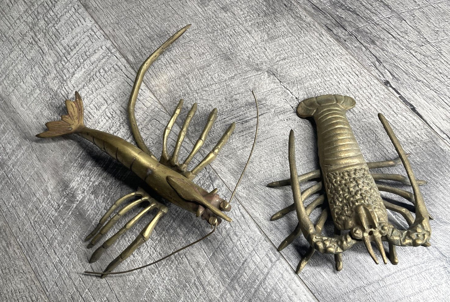 Vintage Brass Shrimp Crawfish Lobster Nautical Beach Decor Lot of 2 Mid Century