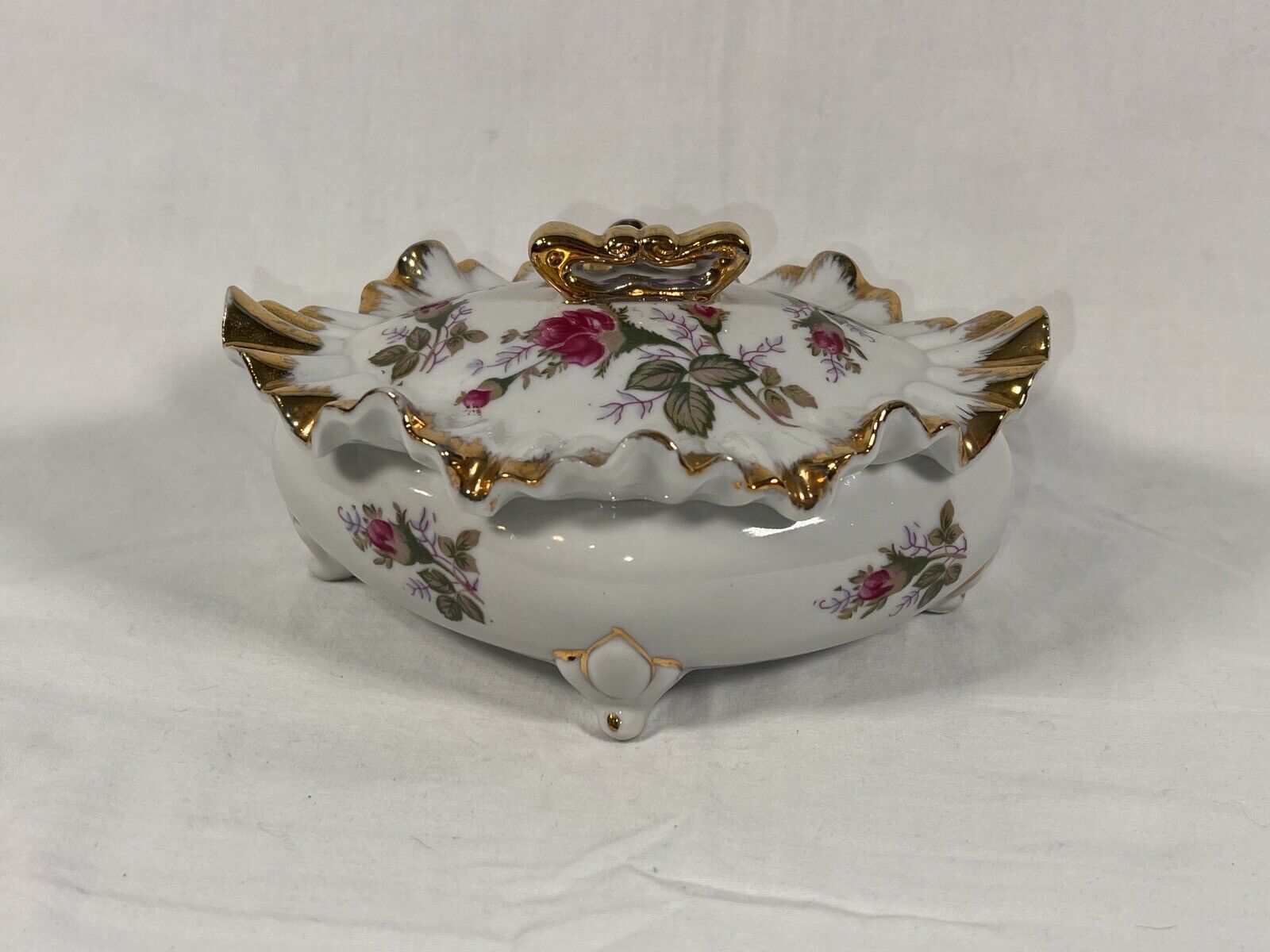 Vintage Moss Rose Trinket Box Oval With Ruffled Edge 7’’