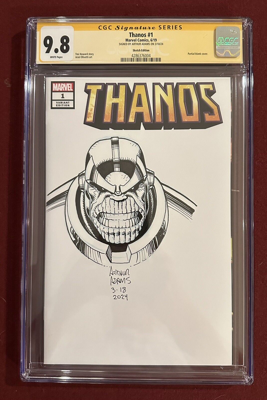 Thanos 1 Marvel June 2019 CGC 9.8 Art Arthur Adams Sketch Variant Signed Blank
