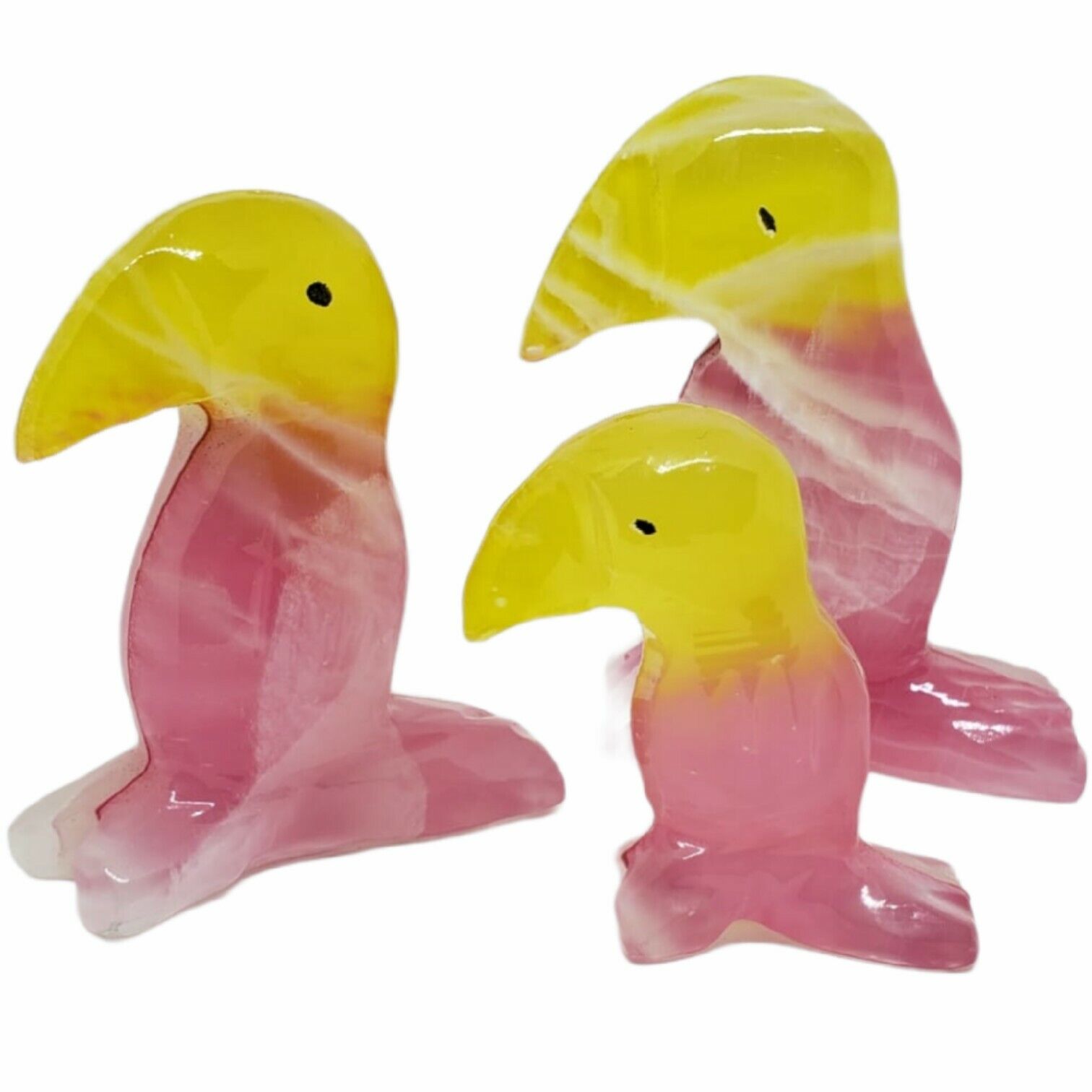 Onyx Carved Stone Marble Toucan Figurine Pink Yellow Colors Set 