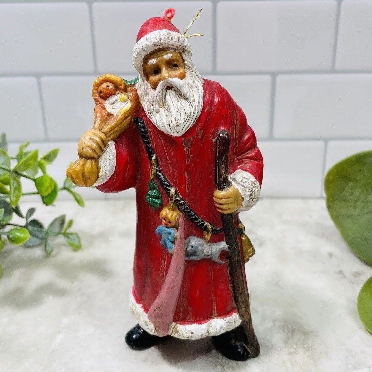 Vintage Old World Style Victorian Santa Claus Staff Bag Gifts Ornament 6\