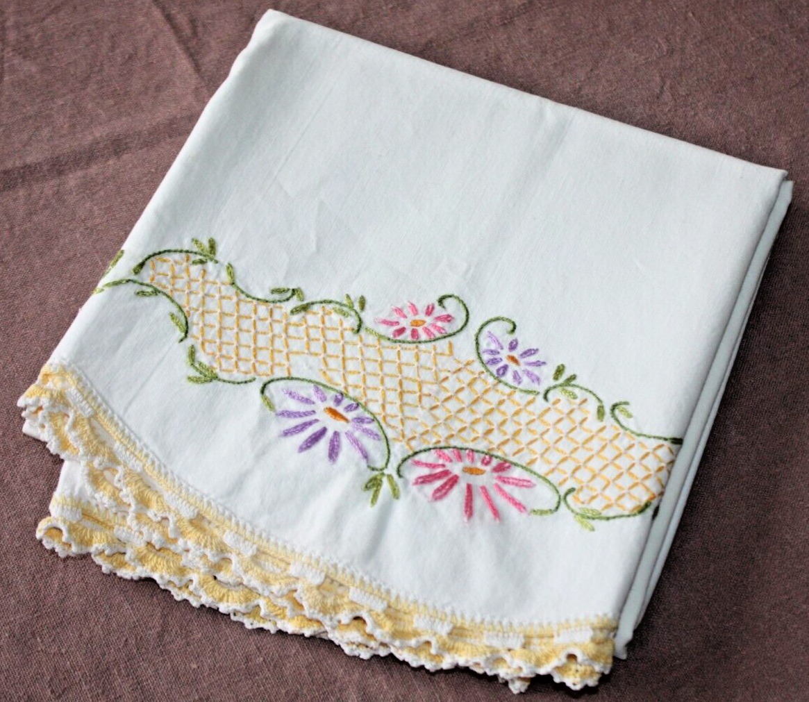 Vintage Cotton Handmade Pillowcase w/Floral Embroidery & Crochet Trim