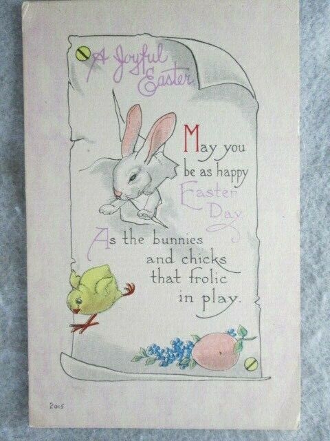 A Joyful Easter, S. Bergman Postcard, Bunny Coming Through Poster, Chick 1915  
