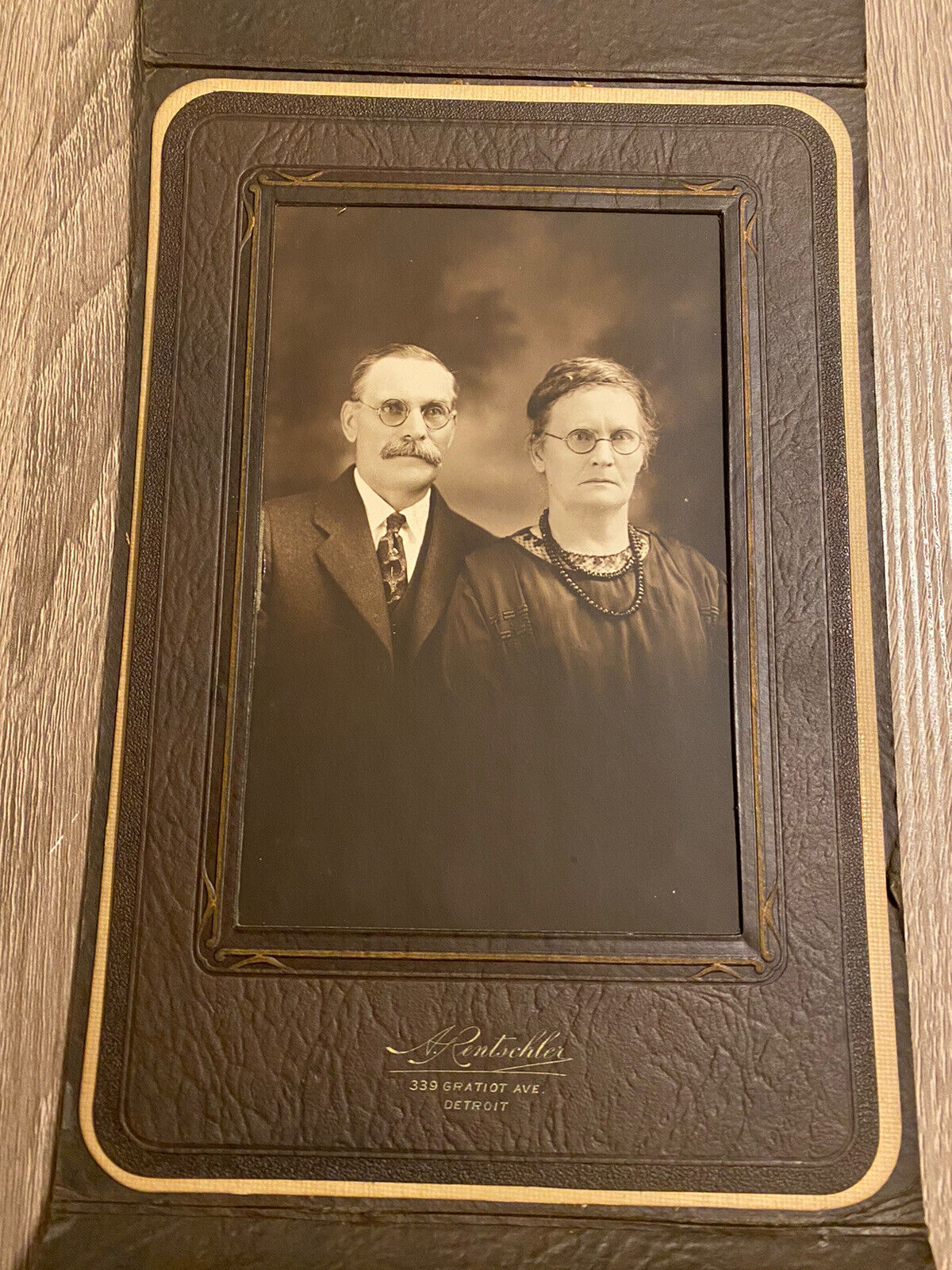 Vintage Cabinet Card Older Couple Round Glasses Man Woman Mustache Detroit Mich