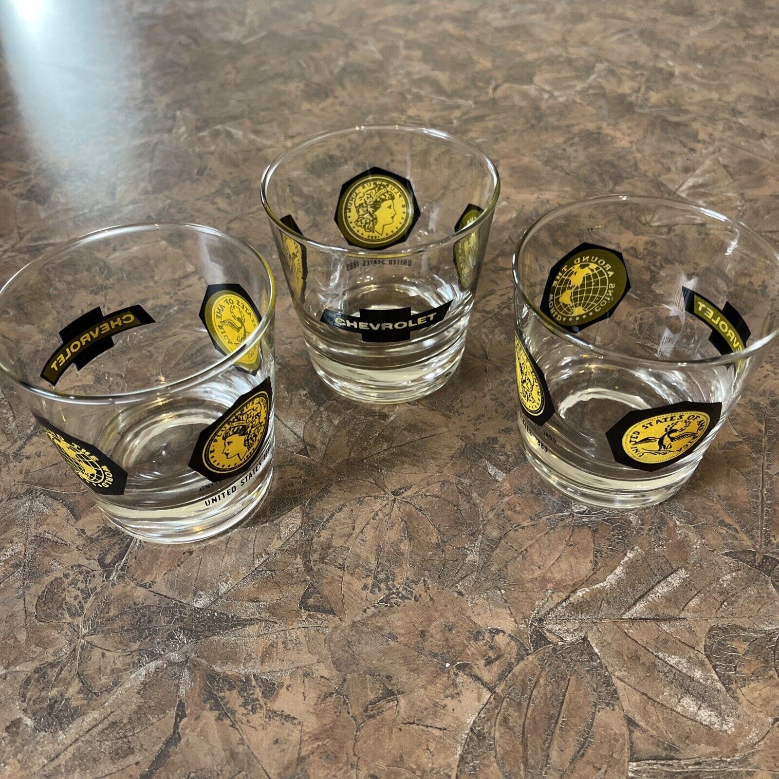 Vintage Coins Around the World Low Ball Glasses CHEVROLET 1960s Chevy Lot Of 3
