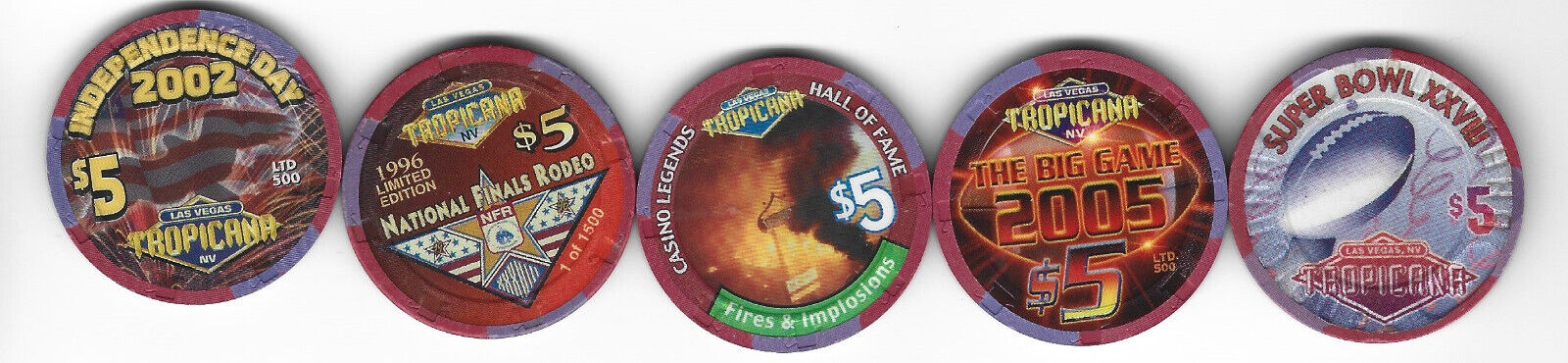 FIVE $5 CASINO CHIPS FROM THE TROPICANA CASINO LAS VEGAS, NV-NOW CLOSED