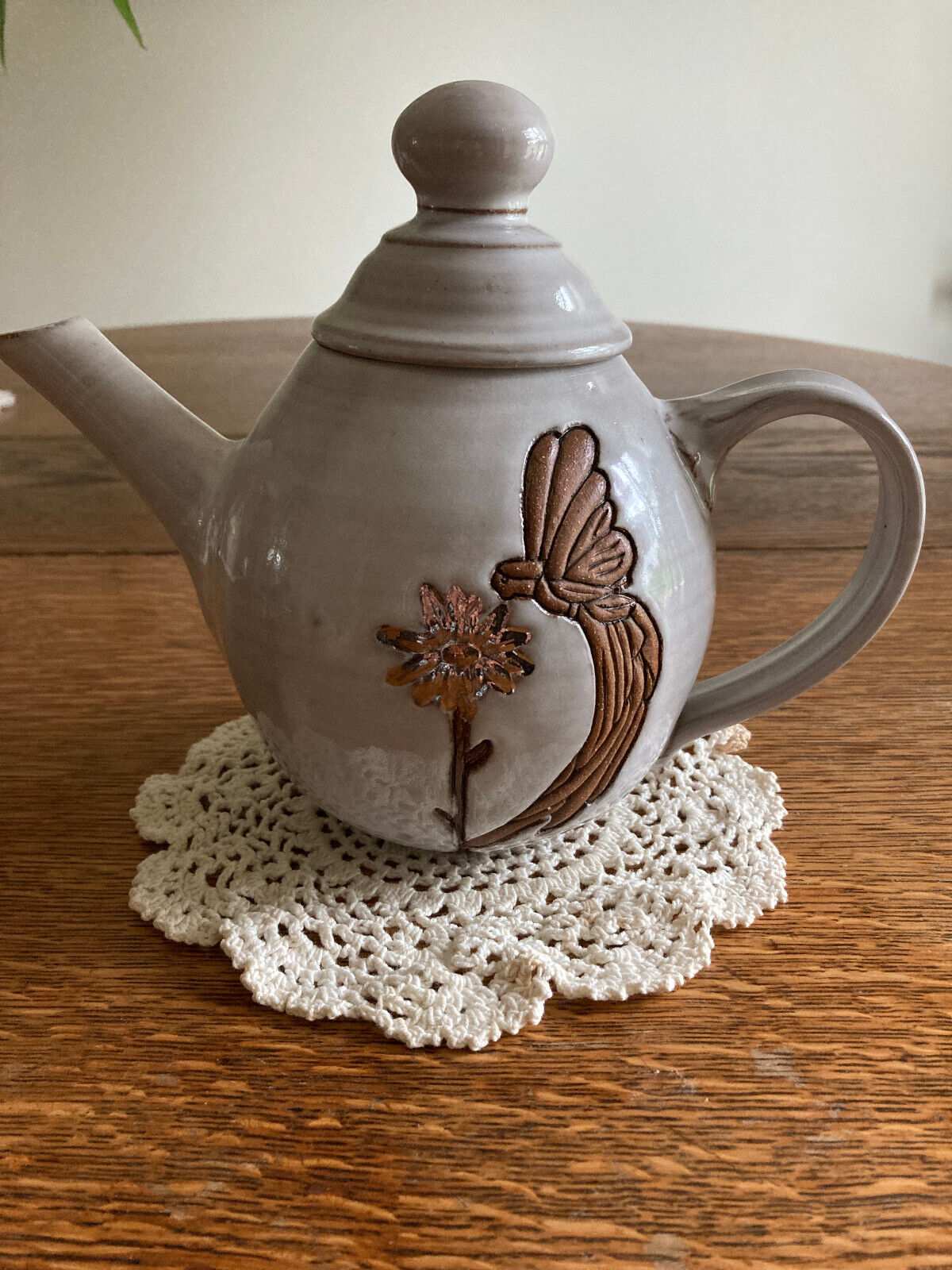 Vintage Handmade Signed Ceramic Teapot w/ Two Spoon/Tea Bag Rests