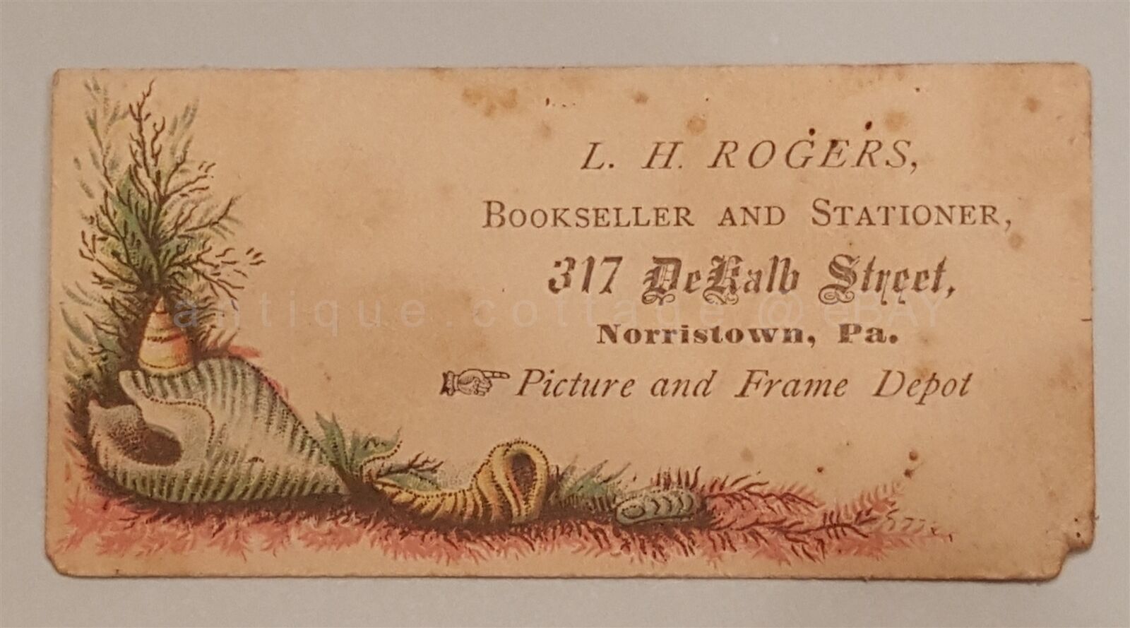1800s antique L H ROGERS BOOKSELLER STATIONER norristown pa BUSINESS TRADE CARD