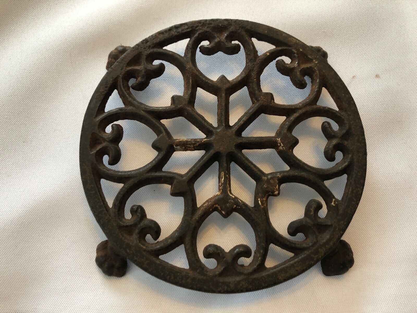 Antique Cast Iron Round Trivet Hearts and Stars Footed See Pics