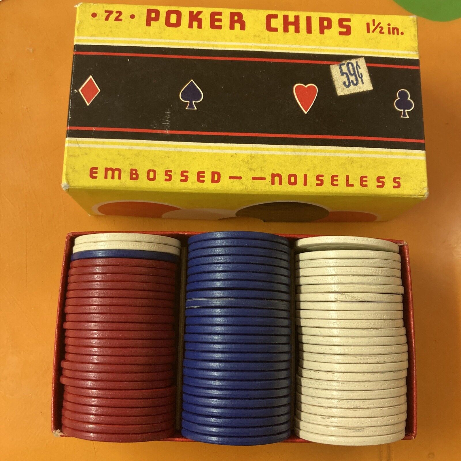 72 Vintage Poker Chips Embossed Noiseless Red White Blue C.D. Baird & Co