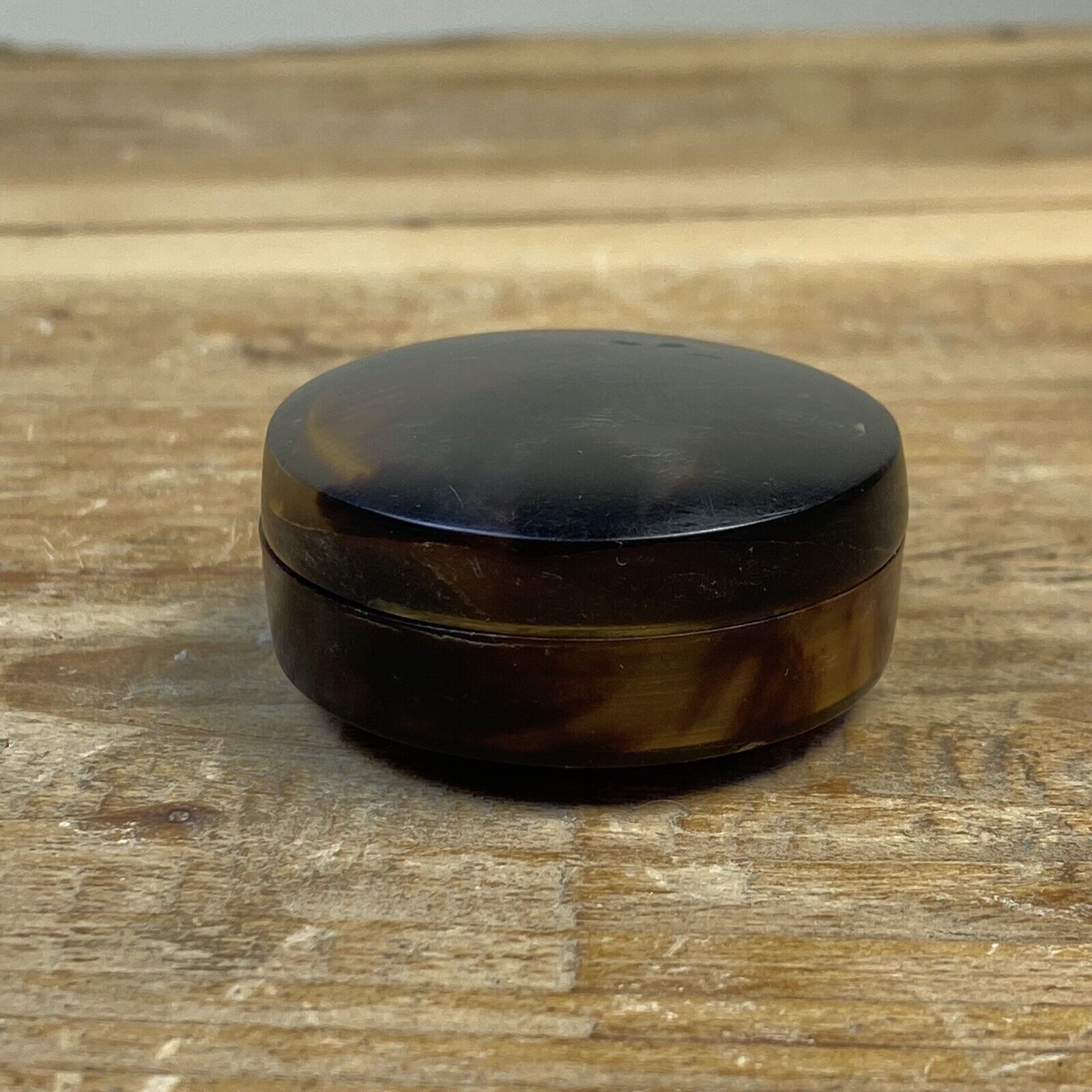 Vintage French Celluloid Small Round Pill Box Faux Tortoise Shell Color Pattern