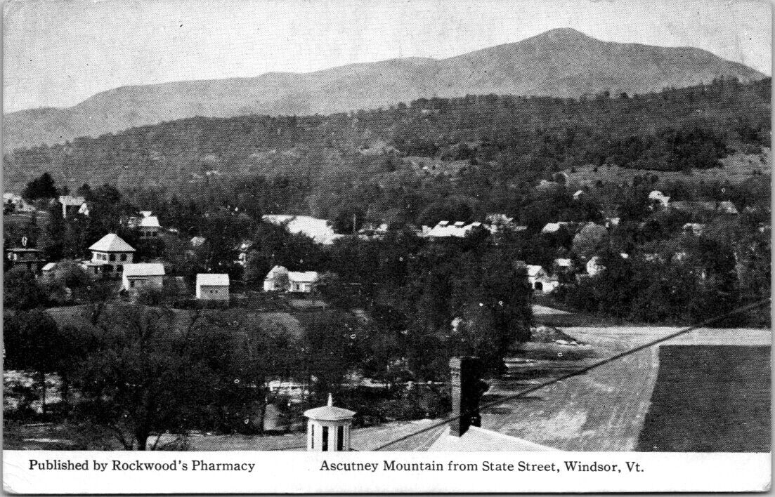 Windsor VT State St Ascutney Mountain Rockwoods Pharmacy Publisher postcard IQ3