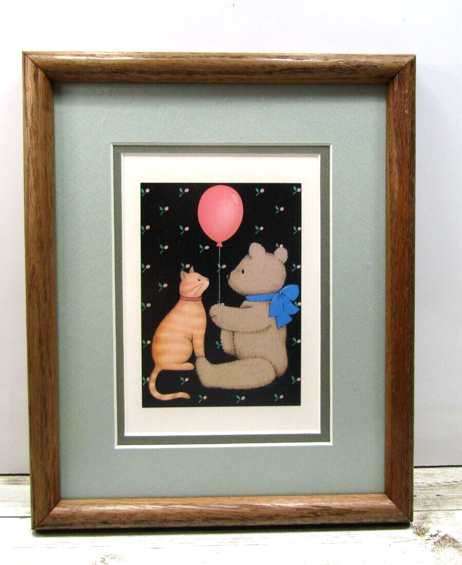Vintage Postcard/Picture Toy Teddy Bear 🐻w Balloon 🎈 and Cat Framed Wall Décor