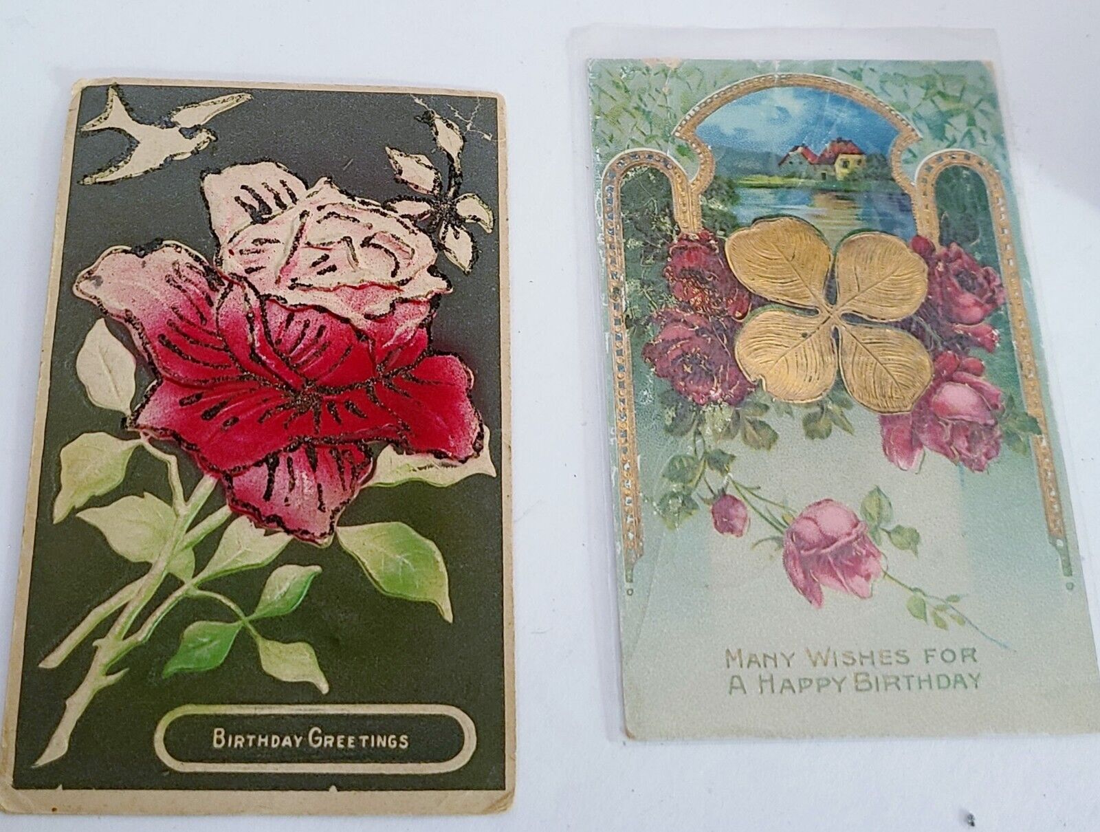 2 Vintage Birthday Greetings Postcards Card Ephemera Embossed Roses