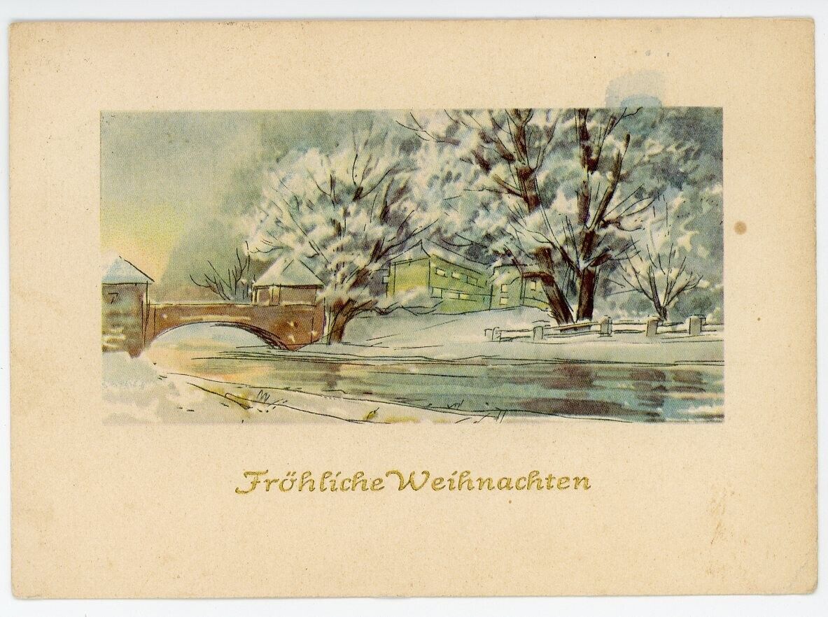 Vtg East Germany DDR Cold War Postcard Merry Christmas Snow River Bridge Art