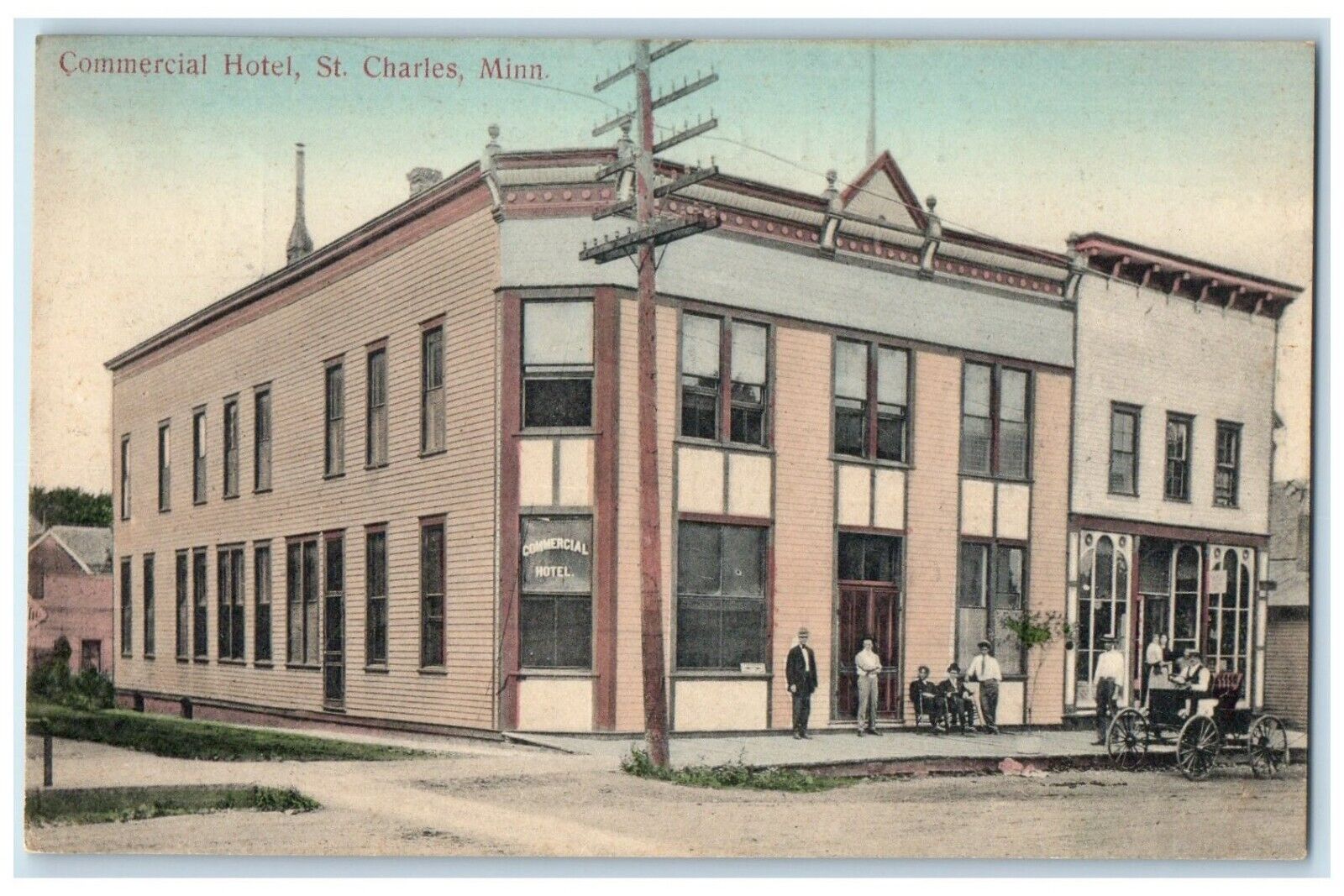 c1910\'s Commercial Hotel Building Car St. Charles Minnesota MN Antique Postcard