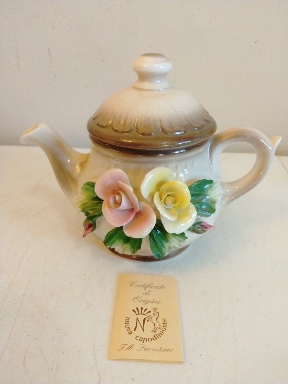 Vintage Nuova Capodimonte Italy Teapot Pink and Yellow Roses 