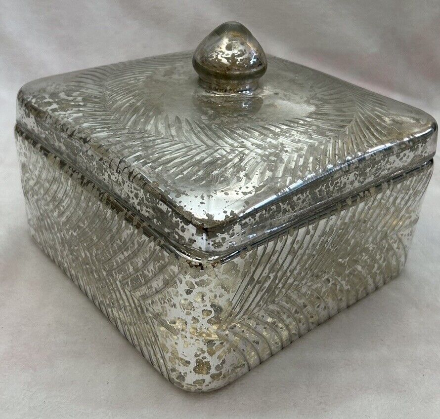 Antique.  large Mercury Glass Lidded box. 7”X 4”