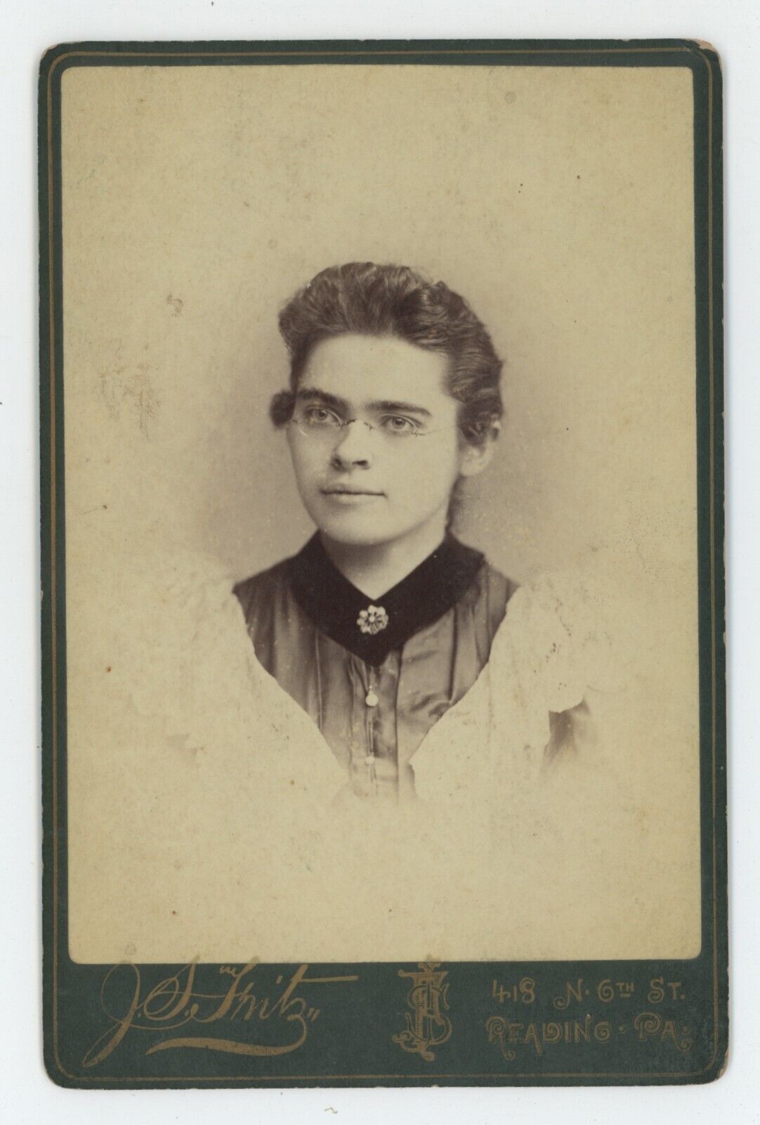 Antique Circa 1880s Cabinet Card Beautiful Woman With Glasses Fritz Reading, PA