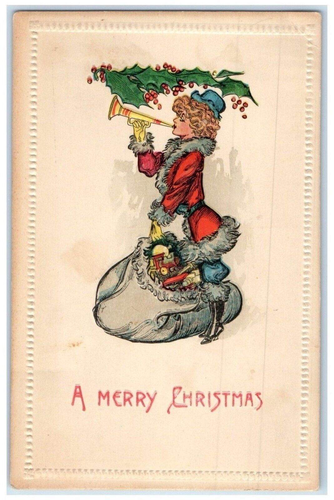 c1910's Merry Christmas Woman Santa Trumpet Sack Of Toys Embossed Postcard