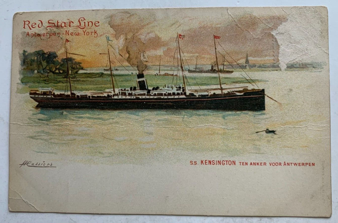 ca 1900s Ship Postcard Red Star Line SS Kensington Anchored off Antwerp Cassiers