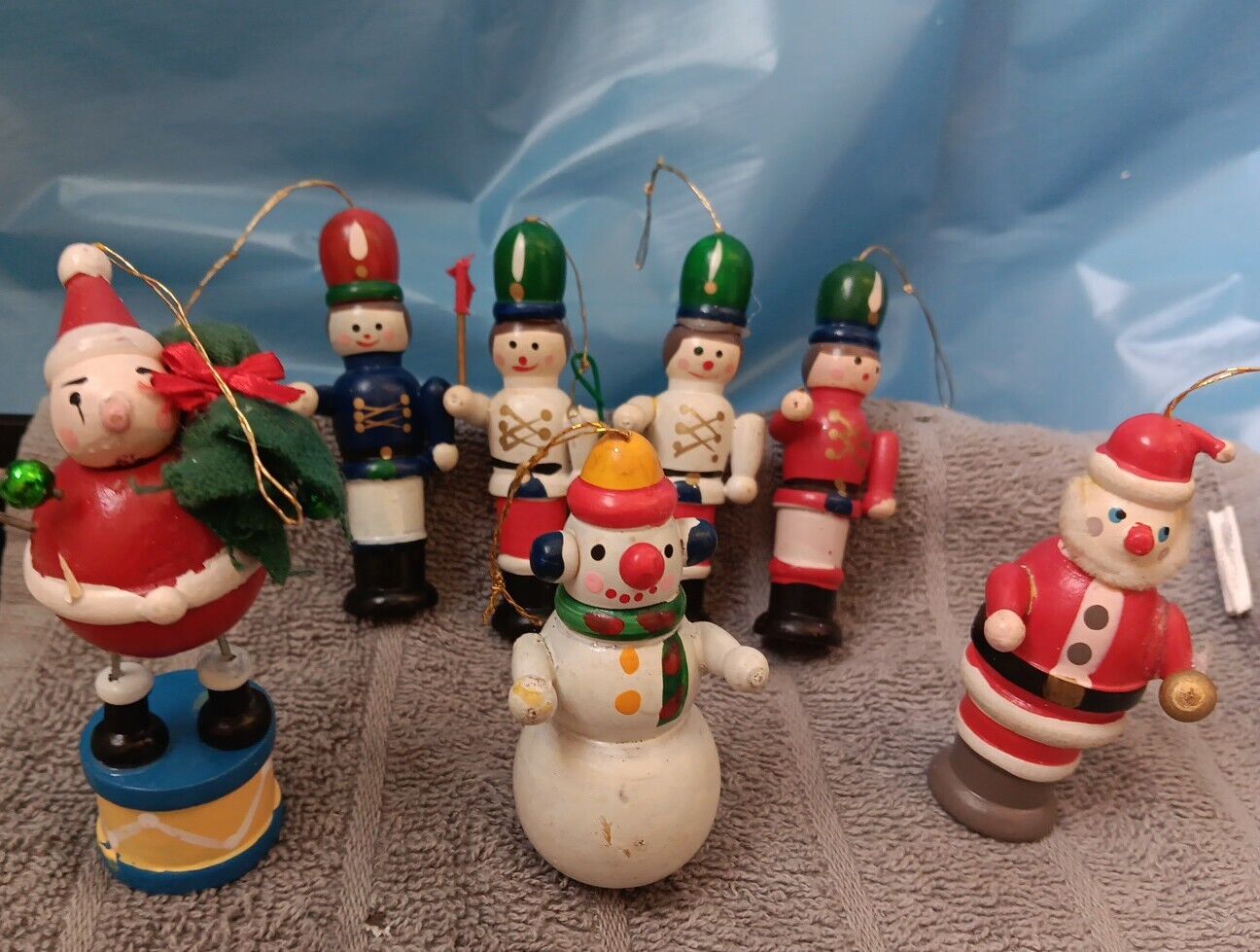 Vintage Lot of 7 Mini Wooden Christmas Ornaments, Santa, Snowman, Soldier *****