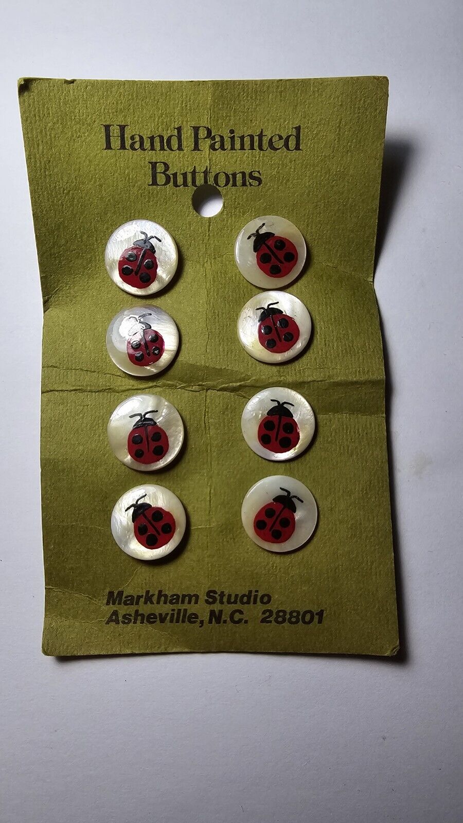 Vintage LADYBUG Buttons on card Hand Painted Mother of Pearl Studio NC 8 pcs