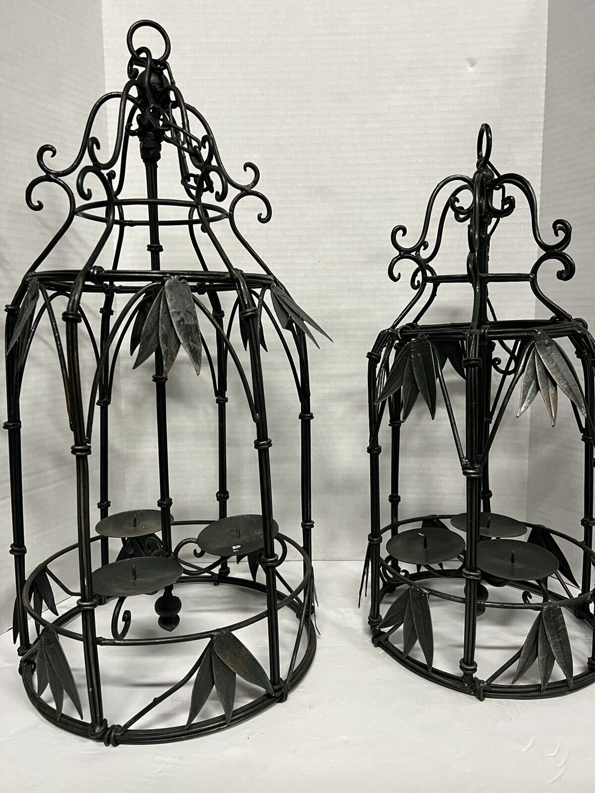 Two Beautiful Vintage Wrought Iron Hanging Candle Holder Three Candles Each