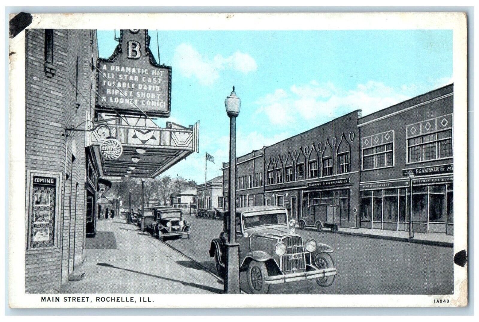 1939 Main Street Exterior Building Classic Cars Road Rochelle Illinois Postcard